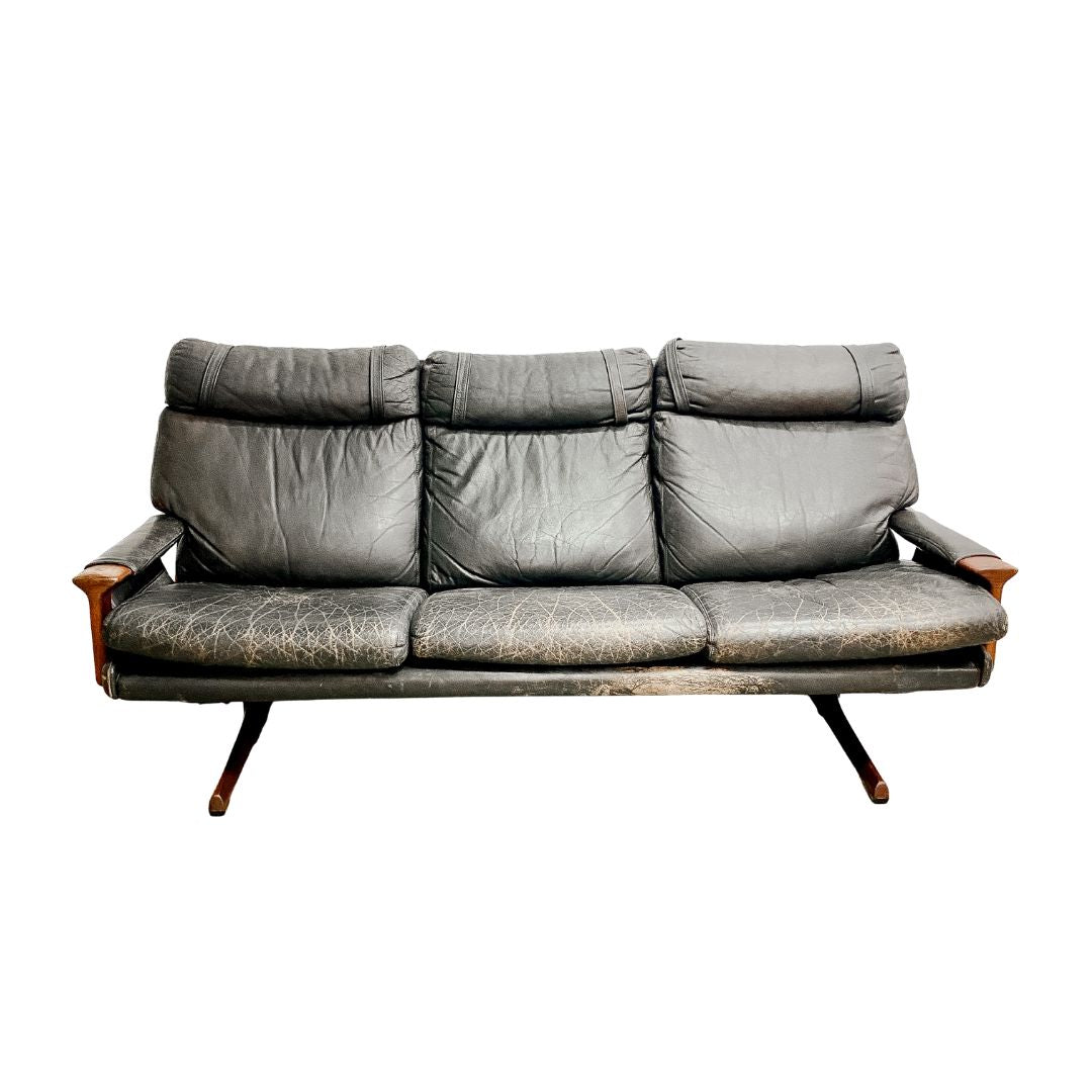 Mid Century 3 Seater Tessa T21 Black Leather Lounge Sofa