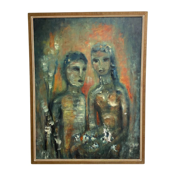 Mid Century Oil On Board Portrait Painting Of Two Figures*