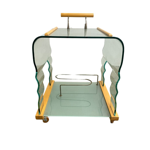 Post Modern Italian Wavy Glass And Blondewood Drinks Trolley