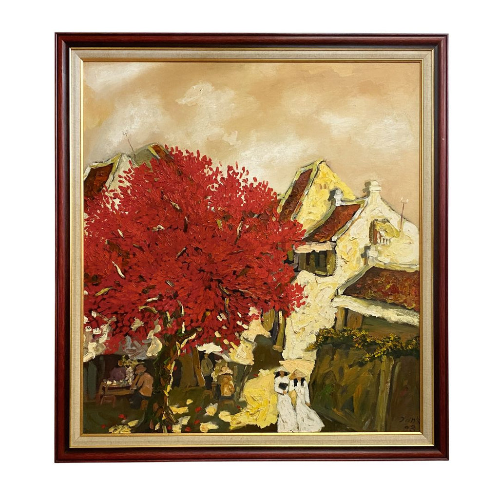 Large Contemporary Street Scene With Flame Tree Oil On Canvas Painting
