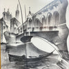 Black and white architectural illustration with a boat and bridge