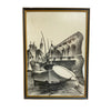 Framed artwork of a cityscape with a boat on water, on a white wall.