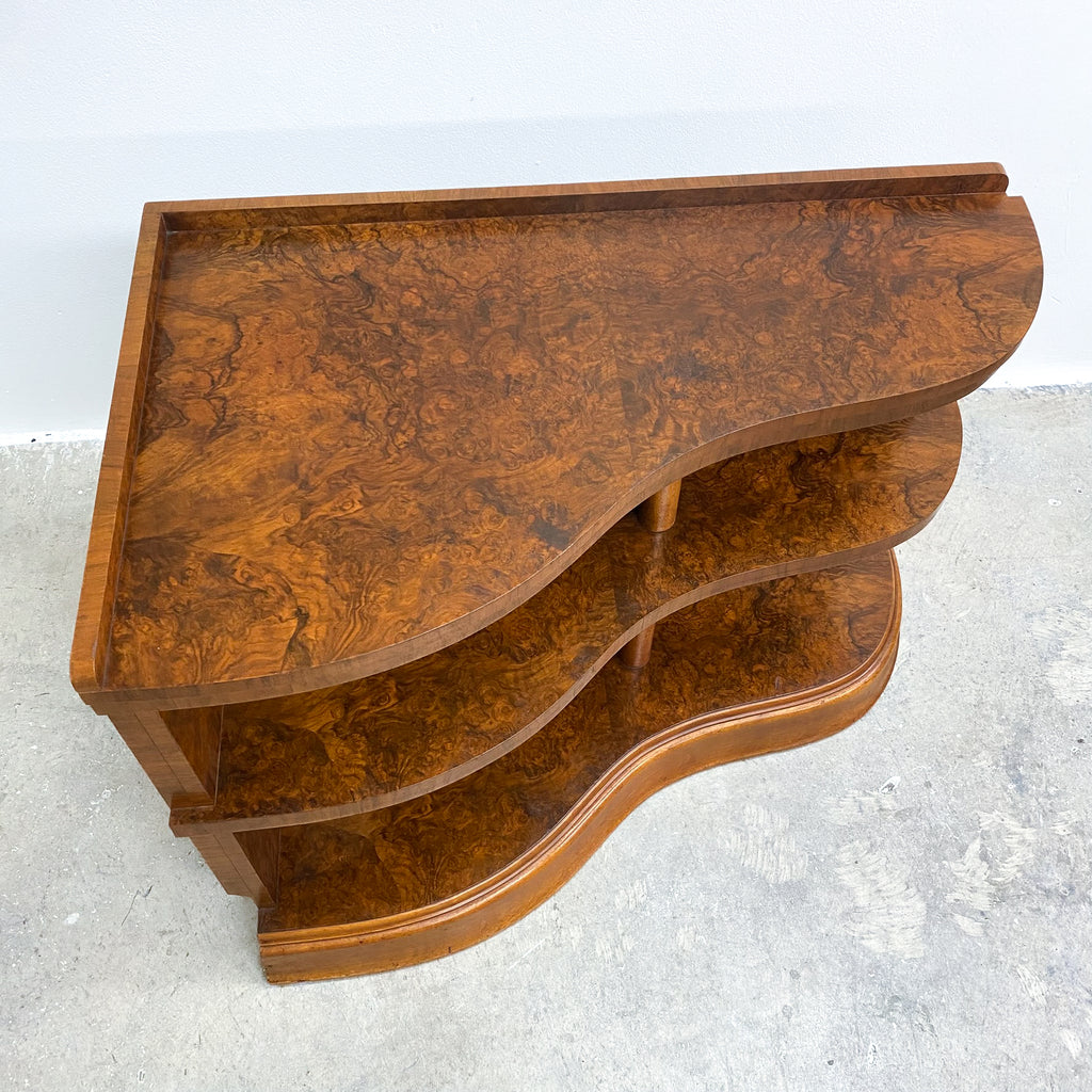 Very Rare Art Deco Serpentine Front Burl Walnut Corner Shelves
