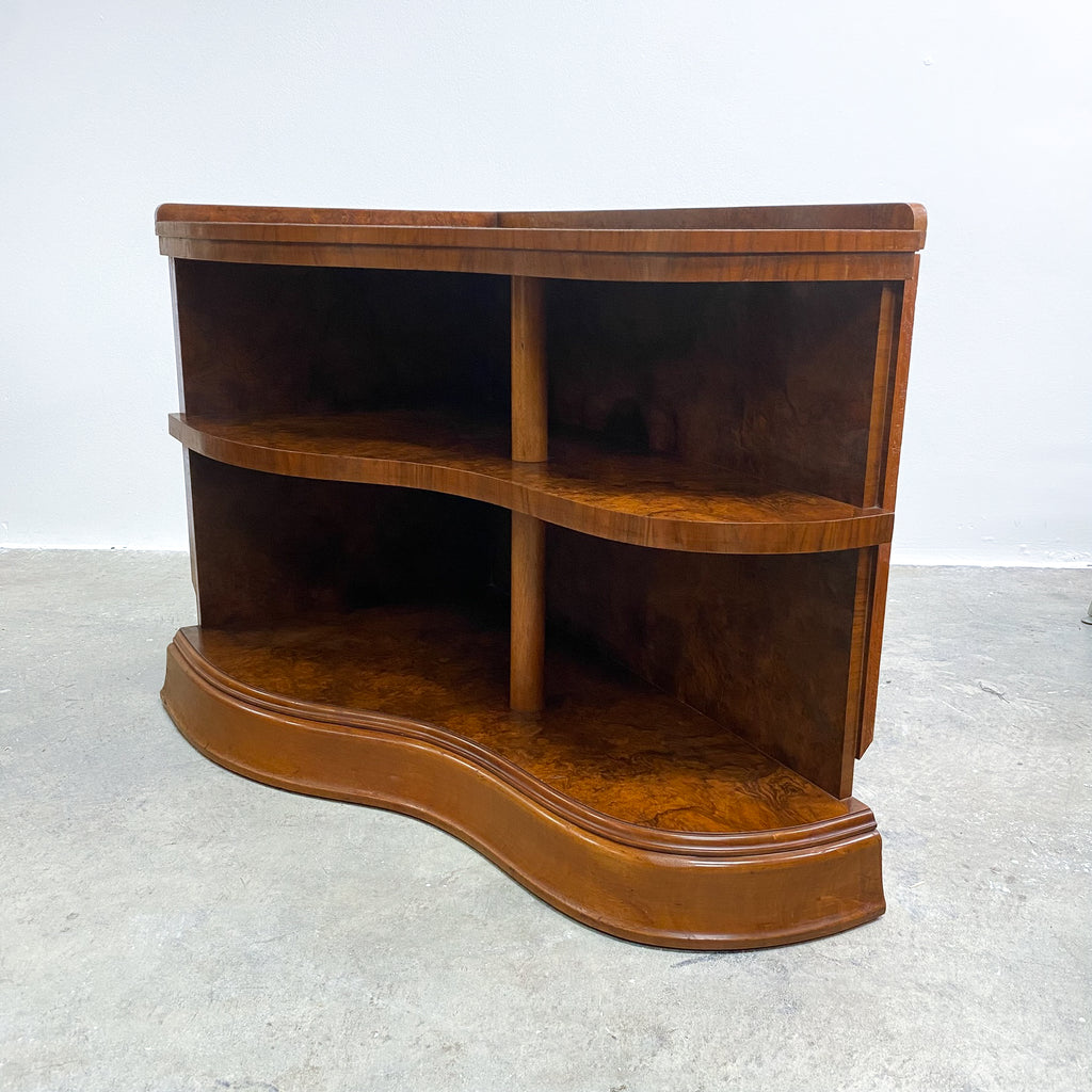 Very Rare Art Deco Serpentine Front Burl Walnut Corner Shelves