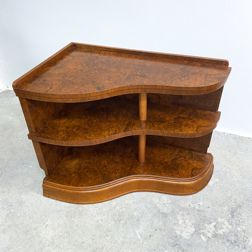 Very Rare Art Deco Serpentine Front Burl Walnut Corner Shelves