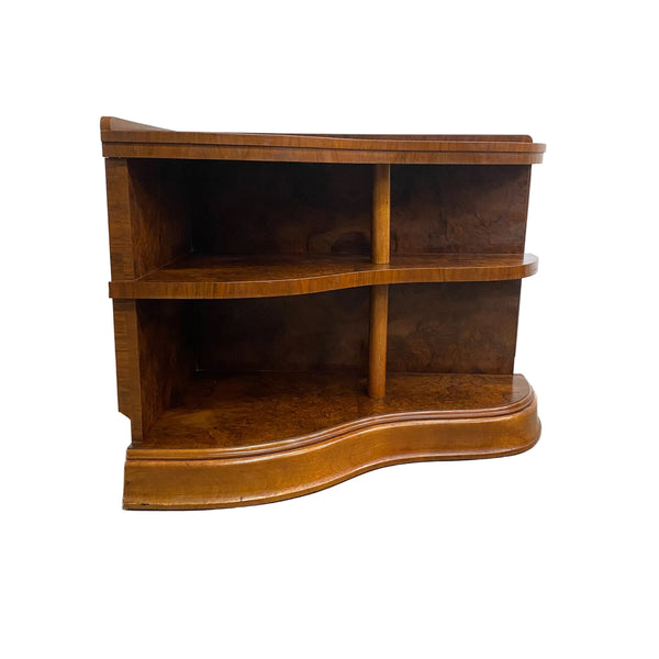 Very Rare Art Deco Serpentine Front Burl Walnut Corner Shelves