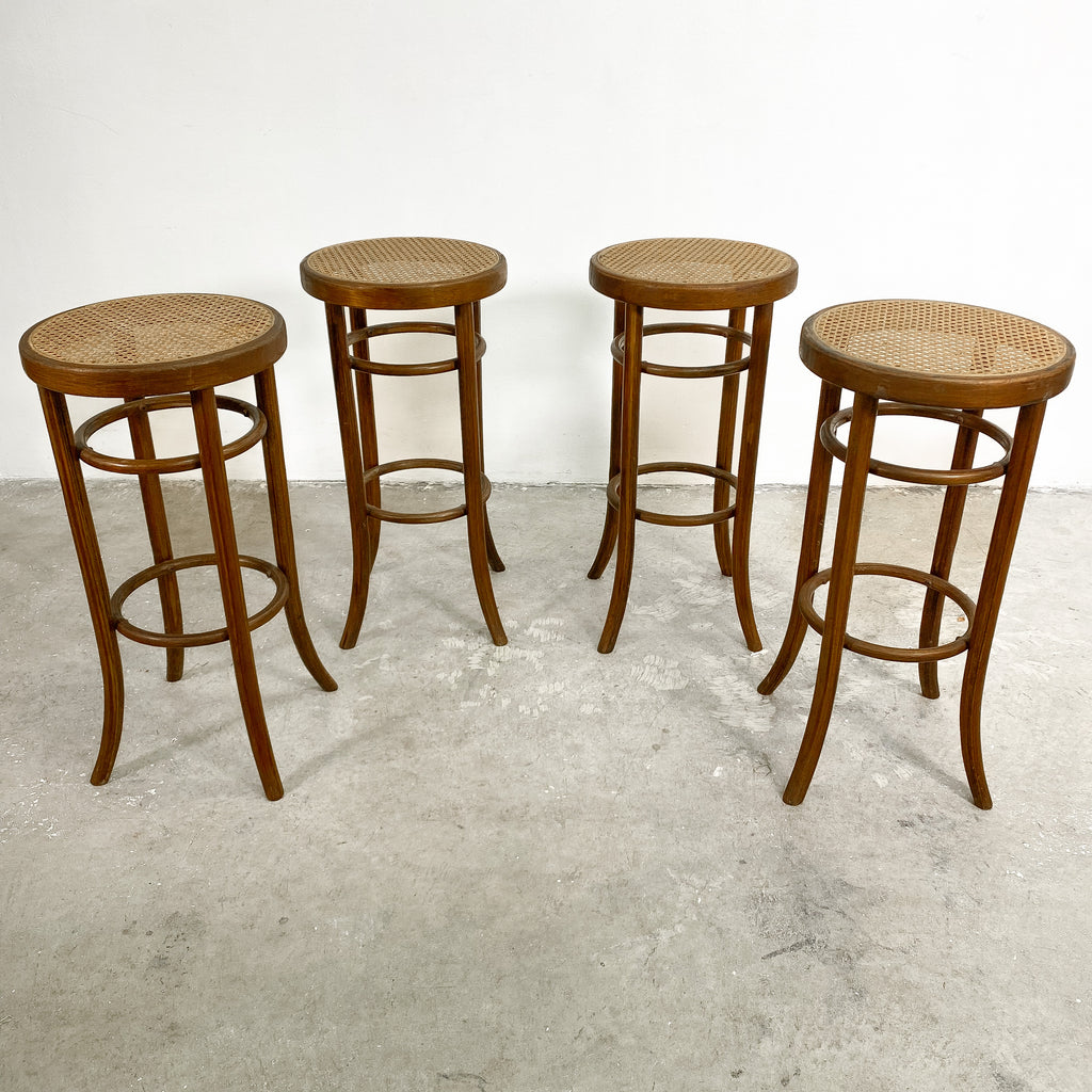 Set Of Four Vintage Bentwood Stools With Cane Rattan Seats