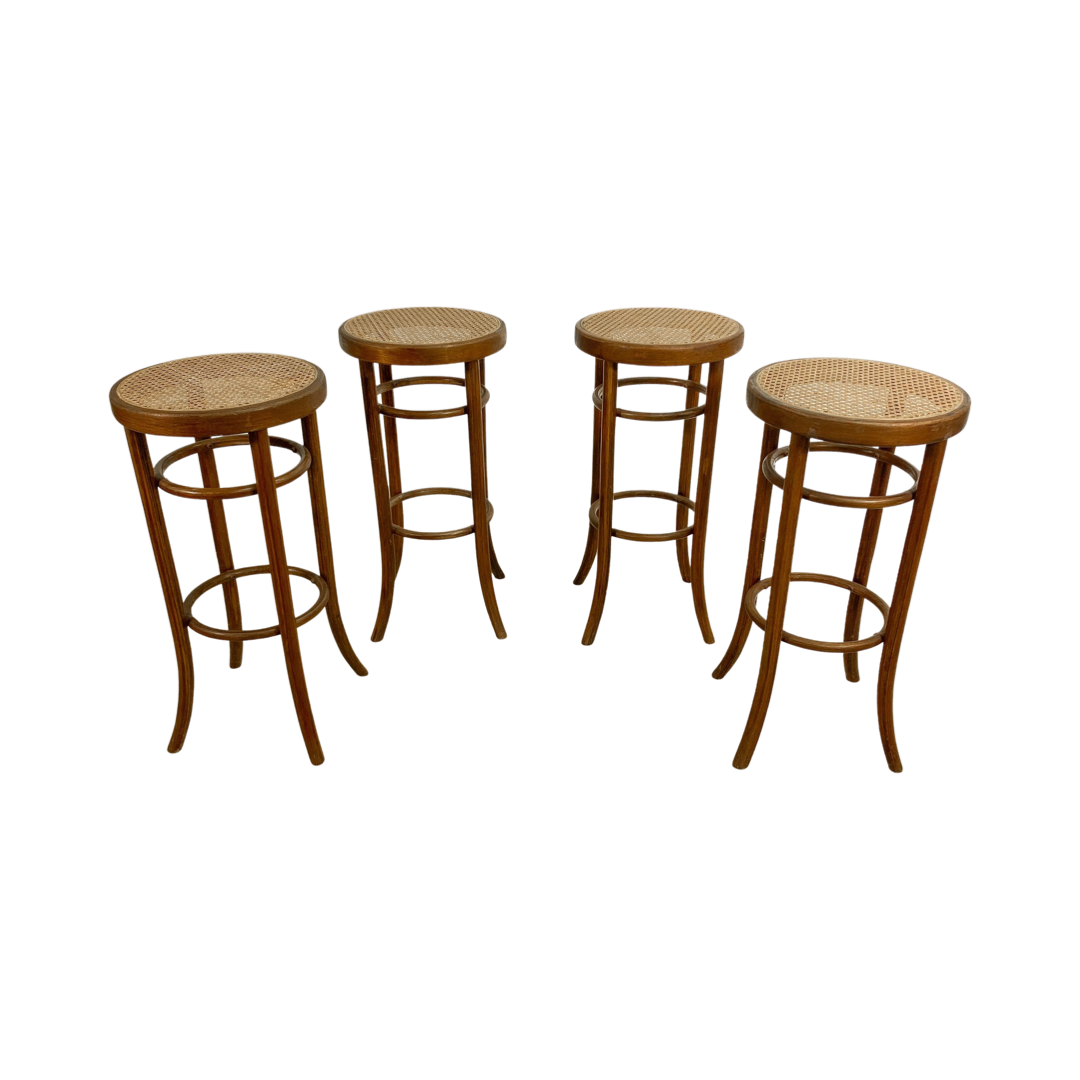 Set Of Four Vintage Bentwood Stools With Cane Rattan Seats