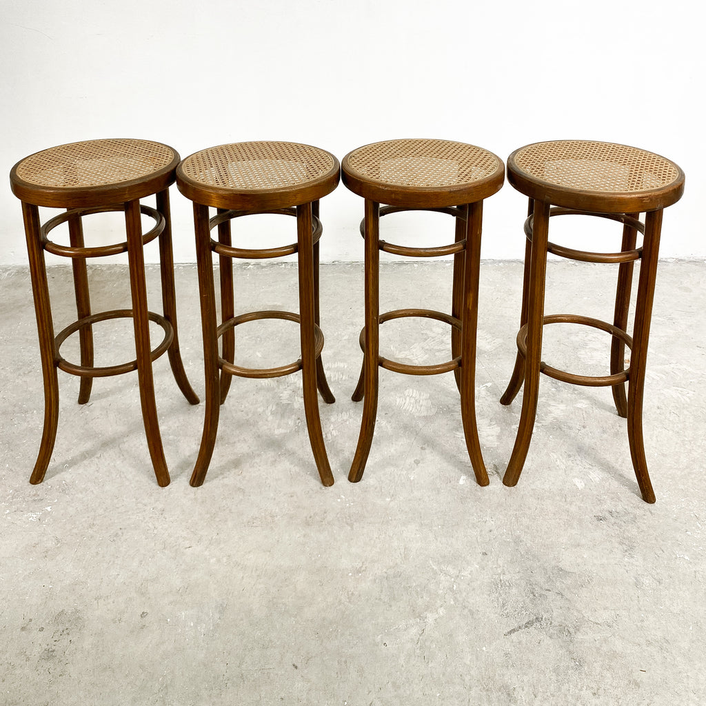 Set Of Four Vintage Bentwood Stools With Cane Rattan Seats