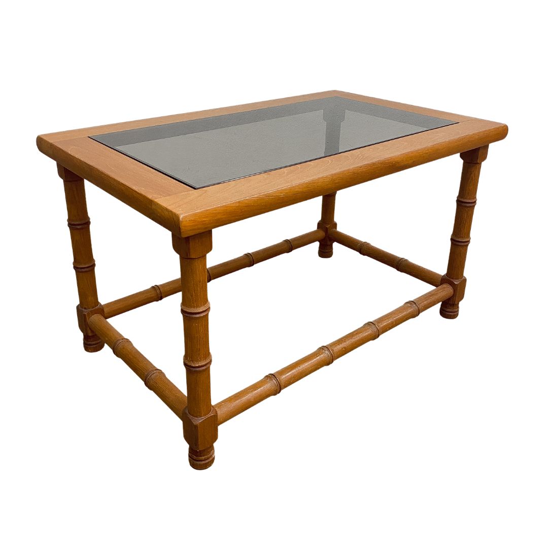 Mid Century Rectangular Teak Faux Bamboo Carved Side/ Lamp Table