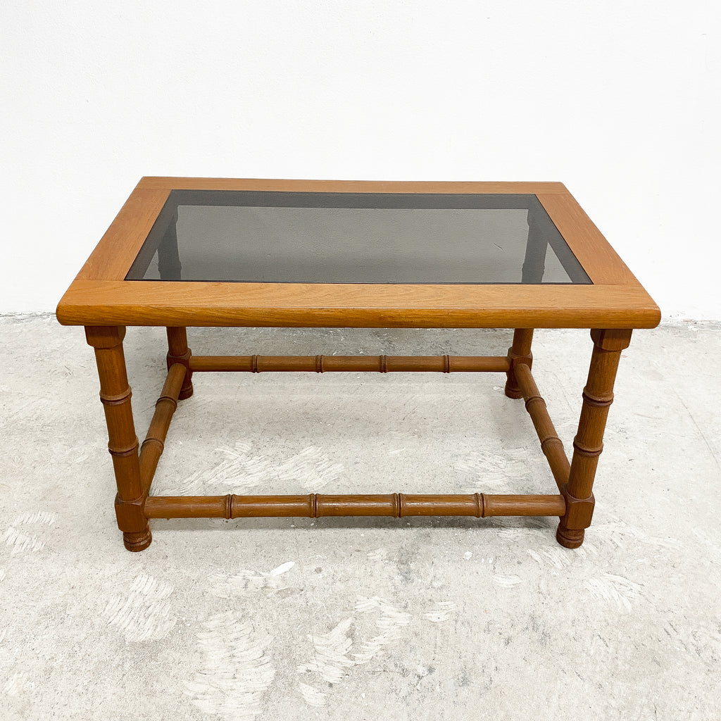 Mid Century Rectangular Teak Faux Bamboo Carved Side/ Lamp Table