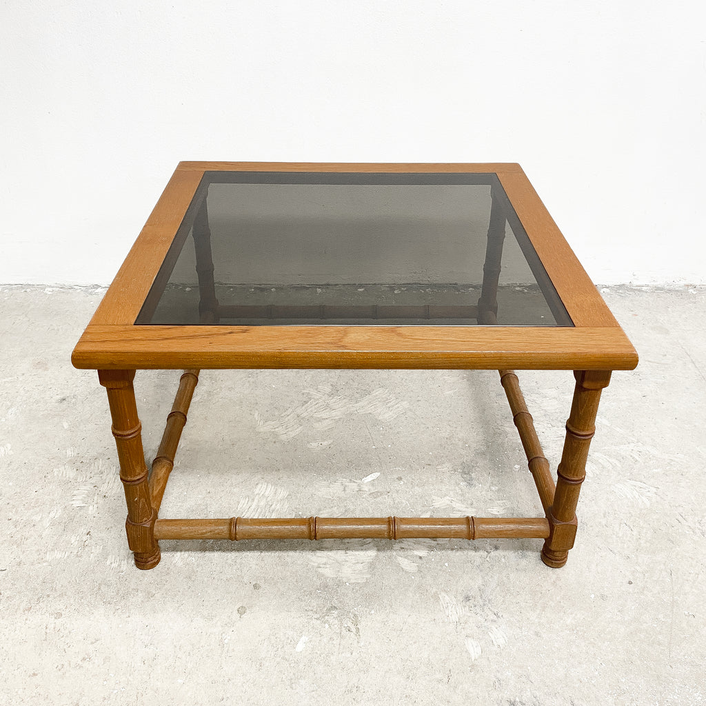 Mid Century Square Teak Faux Bamboo Carved Side Lamp Table