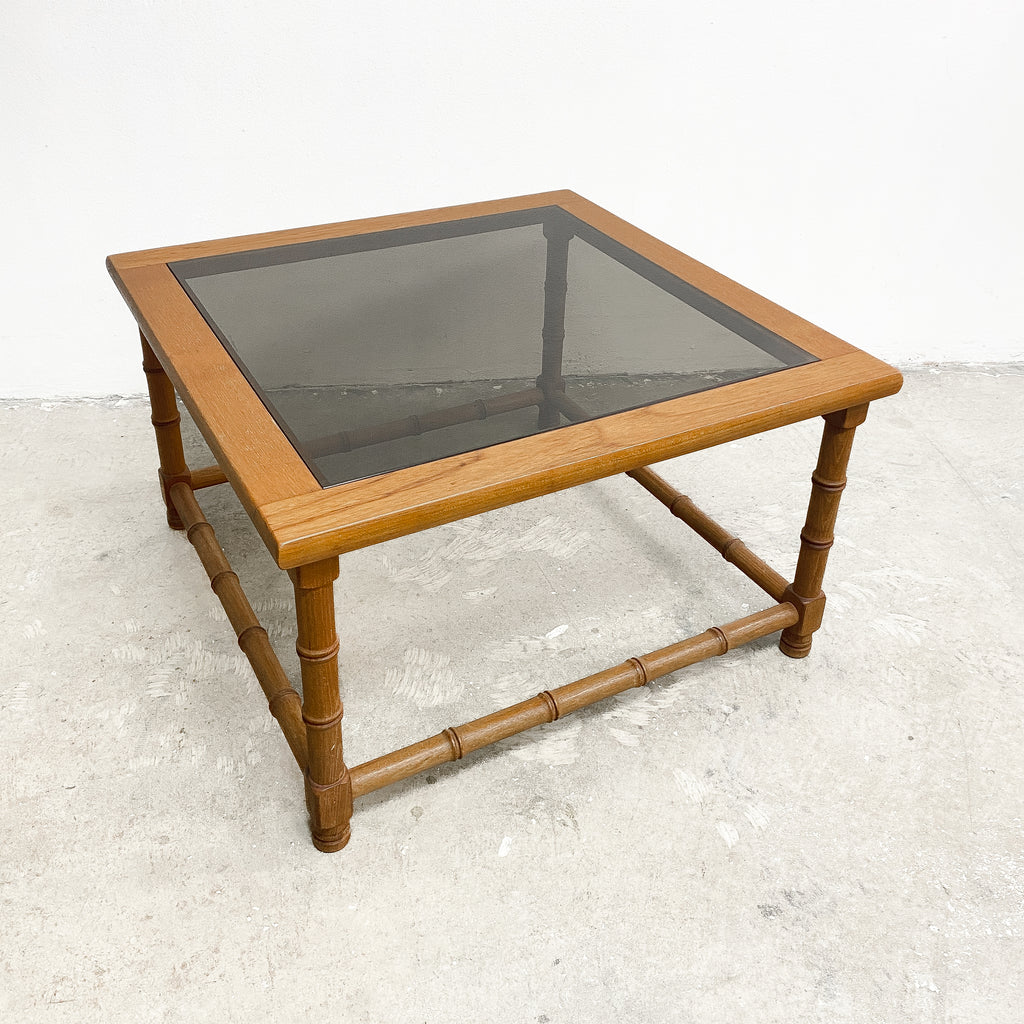 Mid Century Square Teak Faux Bamboo Carved Side Lamp Table