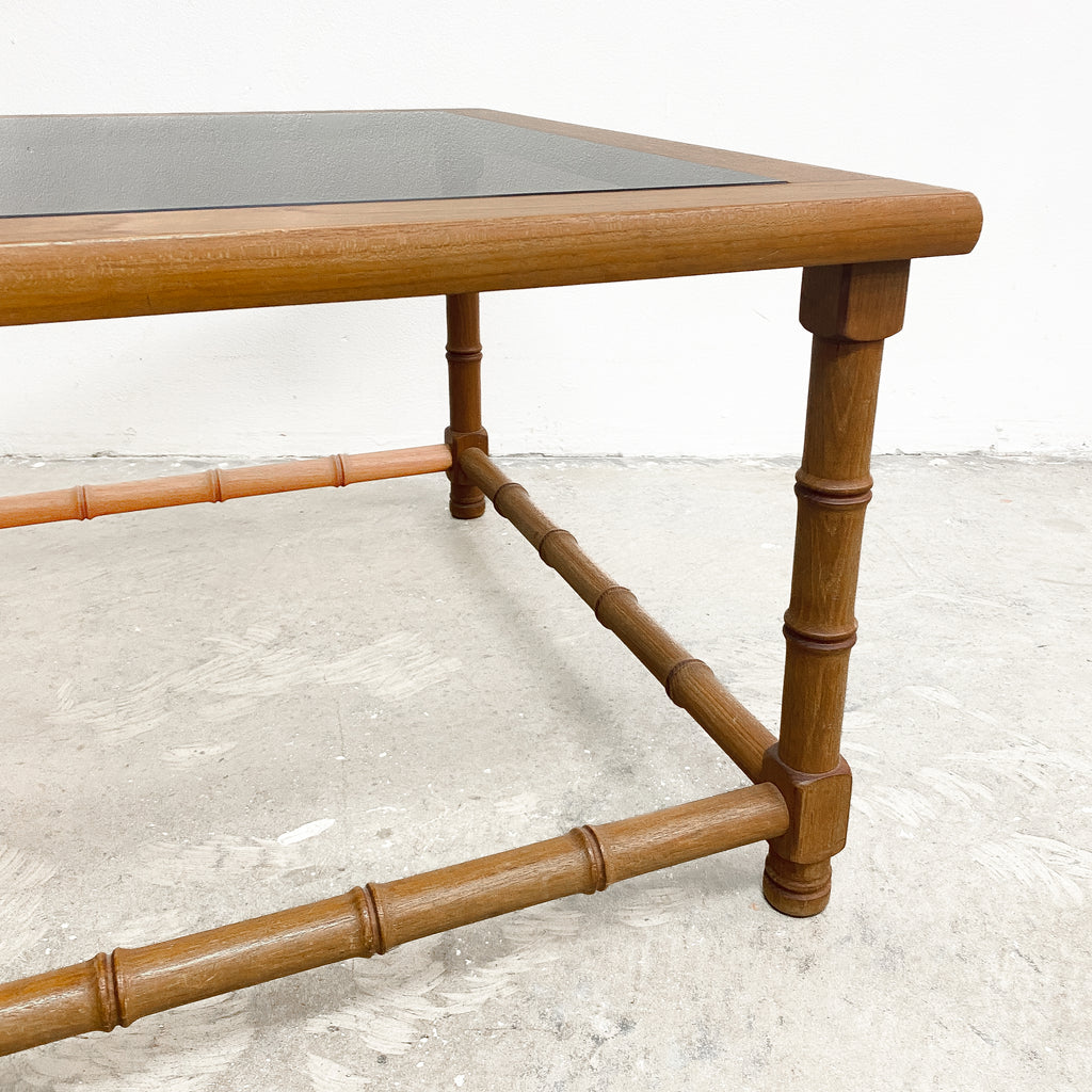 Mid Century Square Teak Faux Bamboo Carved Side Lamp Table