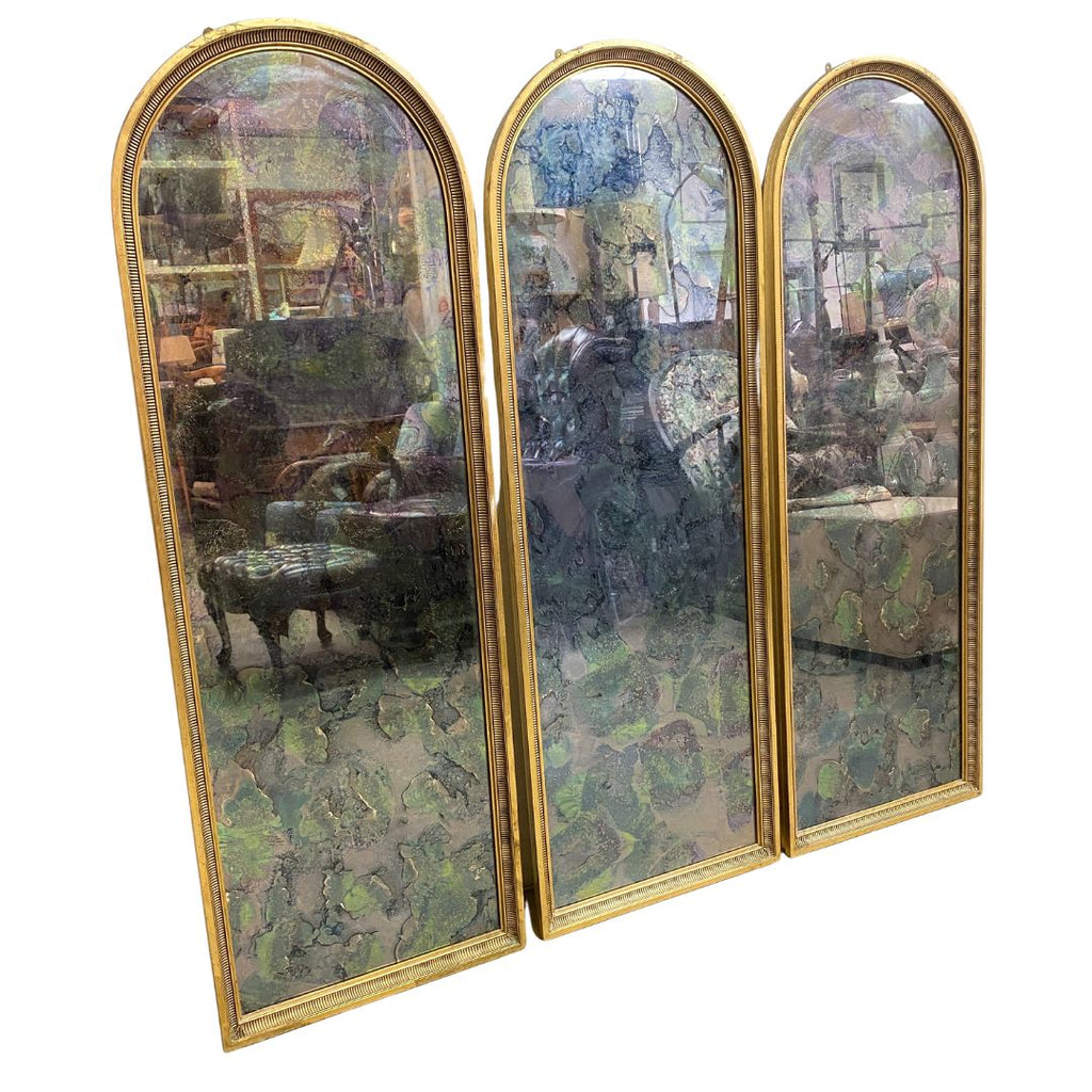 Vintage Gilt Framed Set of 3 Arched MottlePatch Pattern Backed Mirrors