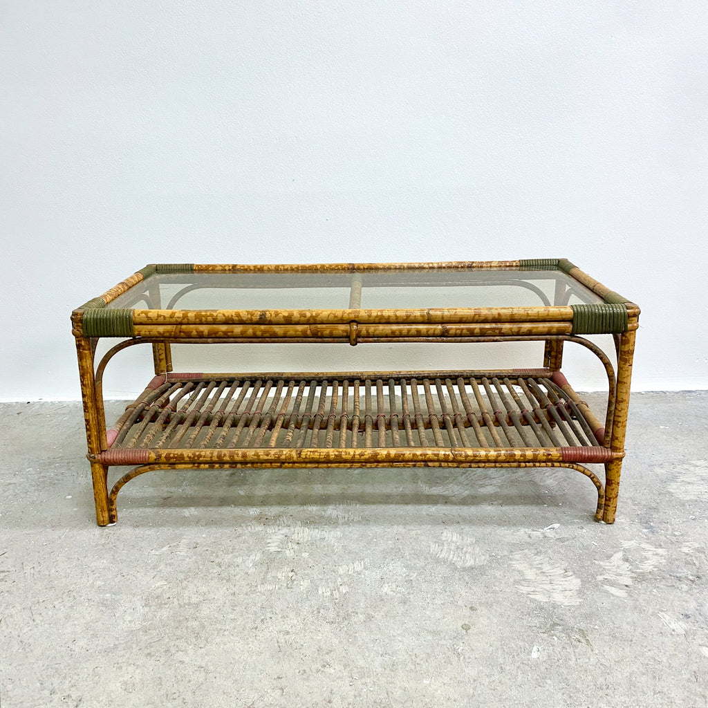 Vintage Glass Top Tiger Cane Coffee Table 1940-50s