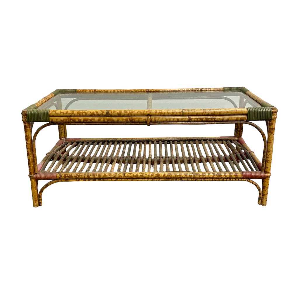 Vintage Glass Top Tiger Cane Coffee Table 1940-50s