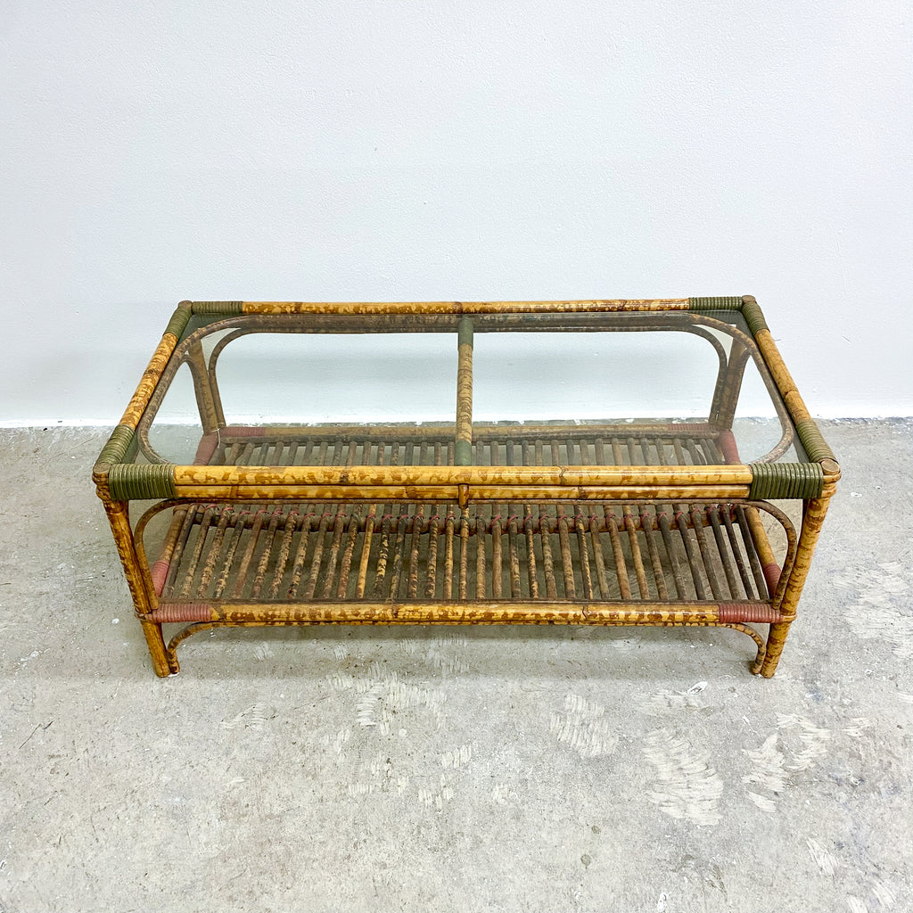 Vintage Glass Top Tiger Cane Coffee Table 1940-50s