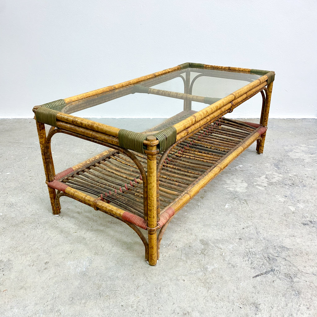 Vintage Glass Top Tiger Cane Coffee Table 1940-50s
