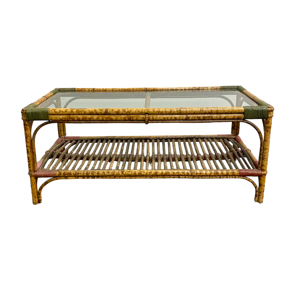 Vintage Glass Top Tiger Cane Coffee Table 1940-50s