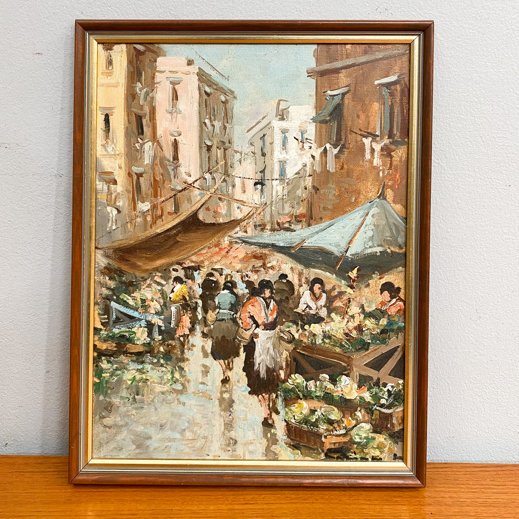 Vintage Italian Oil Painting Of Market Scene