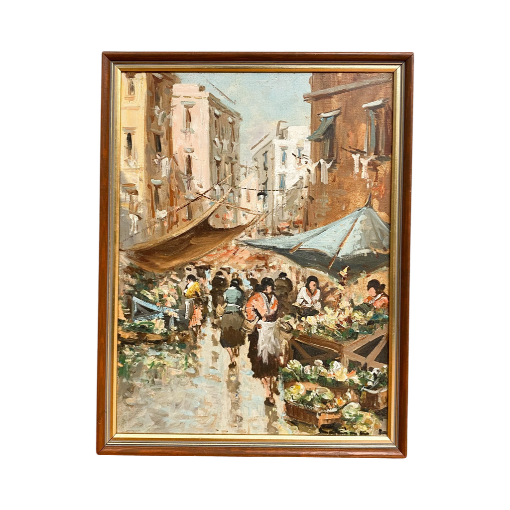 Vintage Italian Oil Painting Of Market Scene