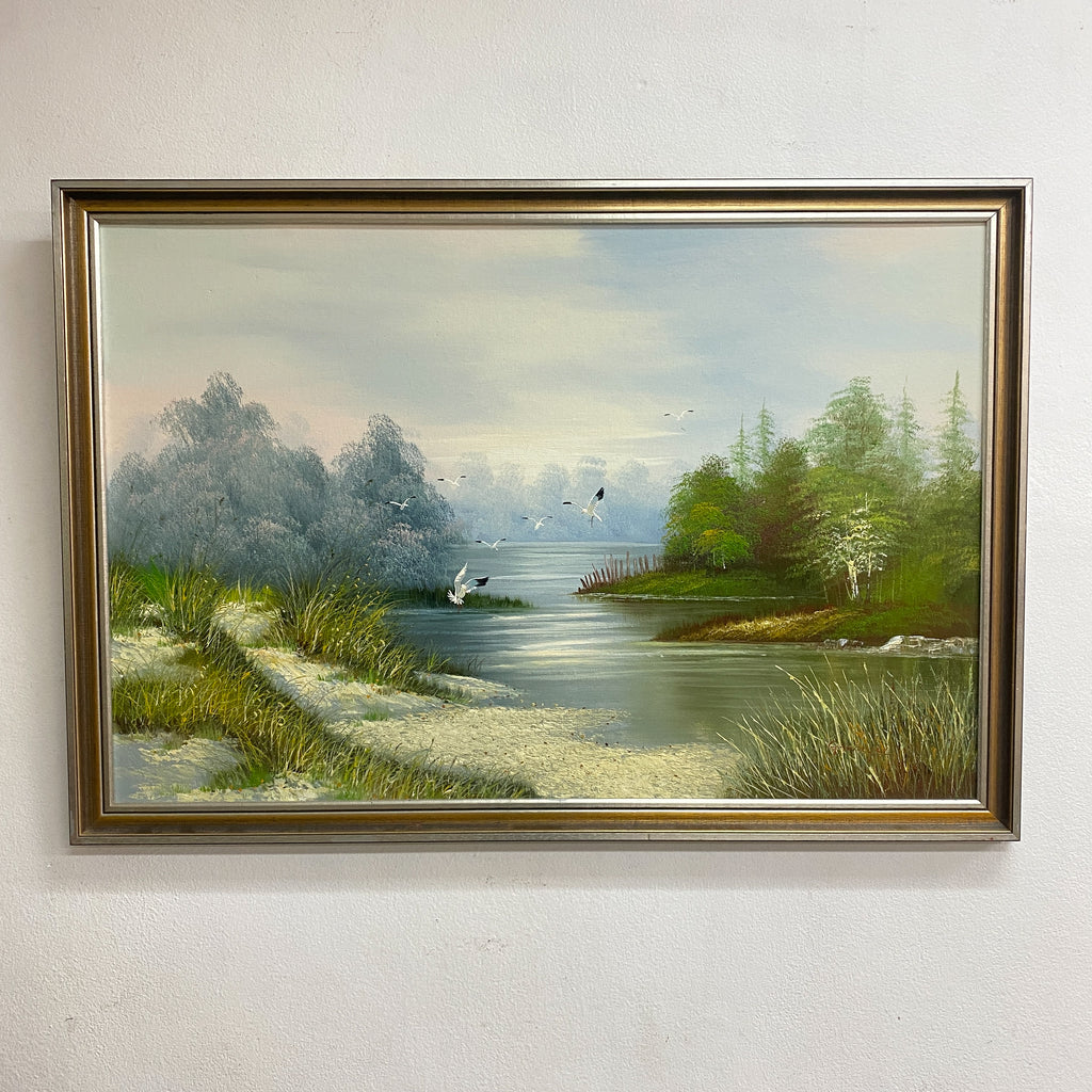 Vintage Landscape Painting With Water Birds Signed Grange