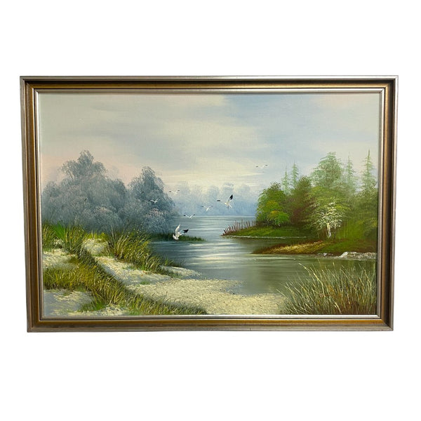 Vintage Landscape Painting With Water Birds Signed Grange