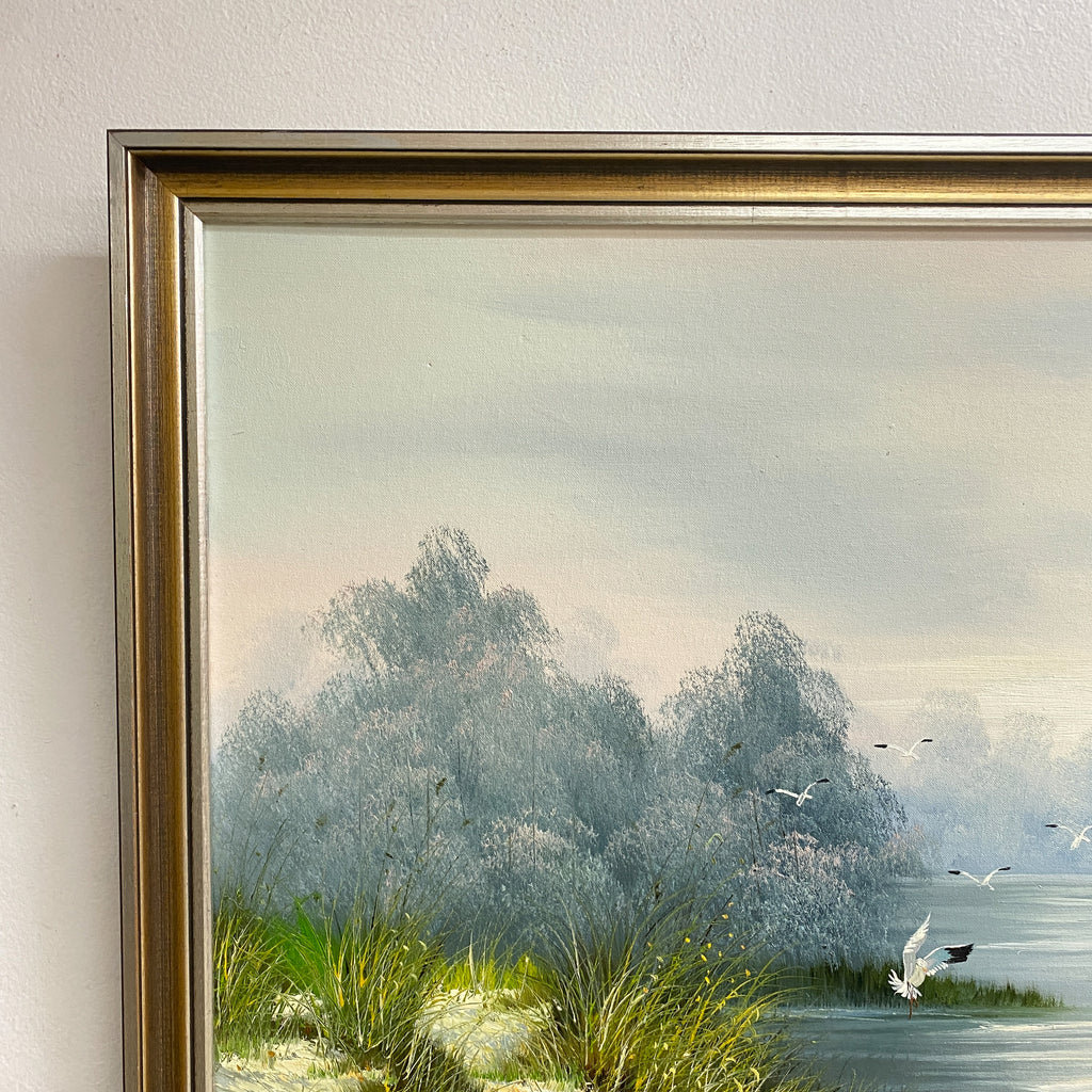 Vintage Landscape Painting With Water Birds Signed Grange