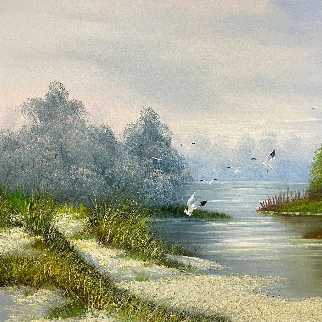 Vintage Landscape Painting With Water Birds Signed Grange