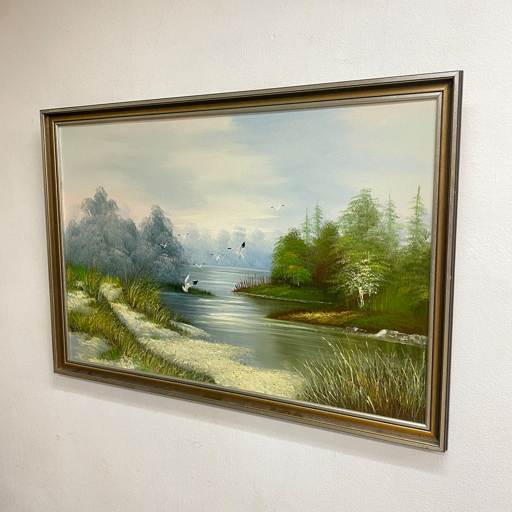 Vintage Landscape Painting With Water Birds Signed Grange