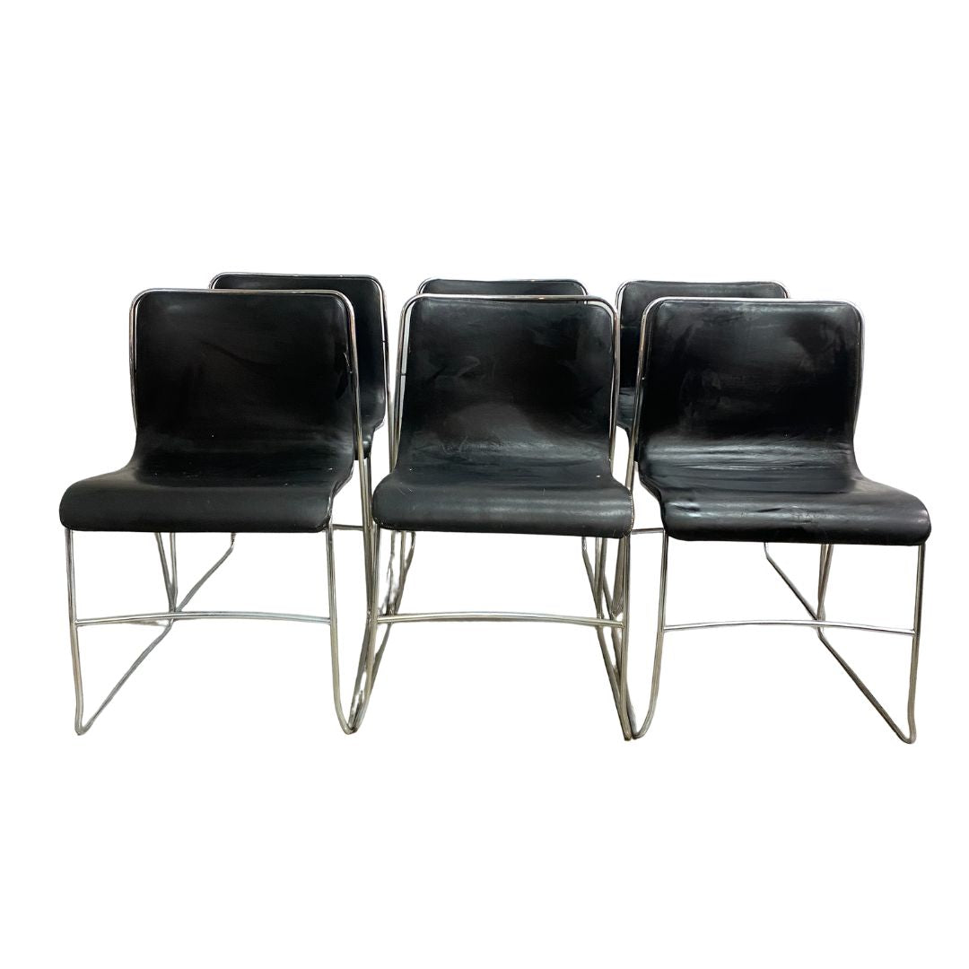 Vintage Mid Century 1970's Italian Chrome And Leather Dining Chairs Stackable