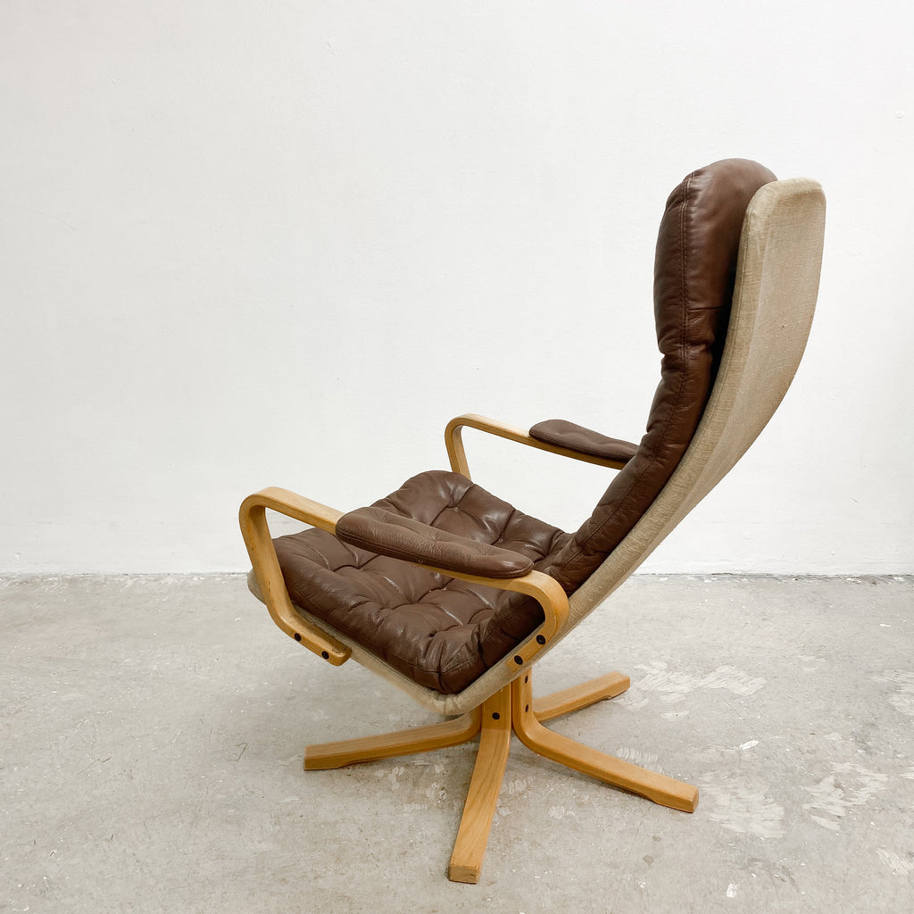 Mid Century Beech Faced Bent Plywood Leather Swivel Armchair