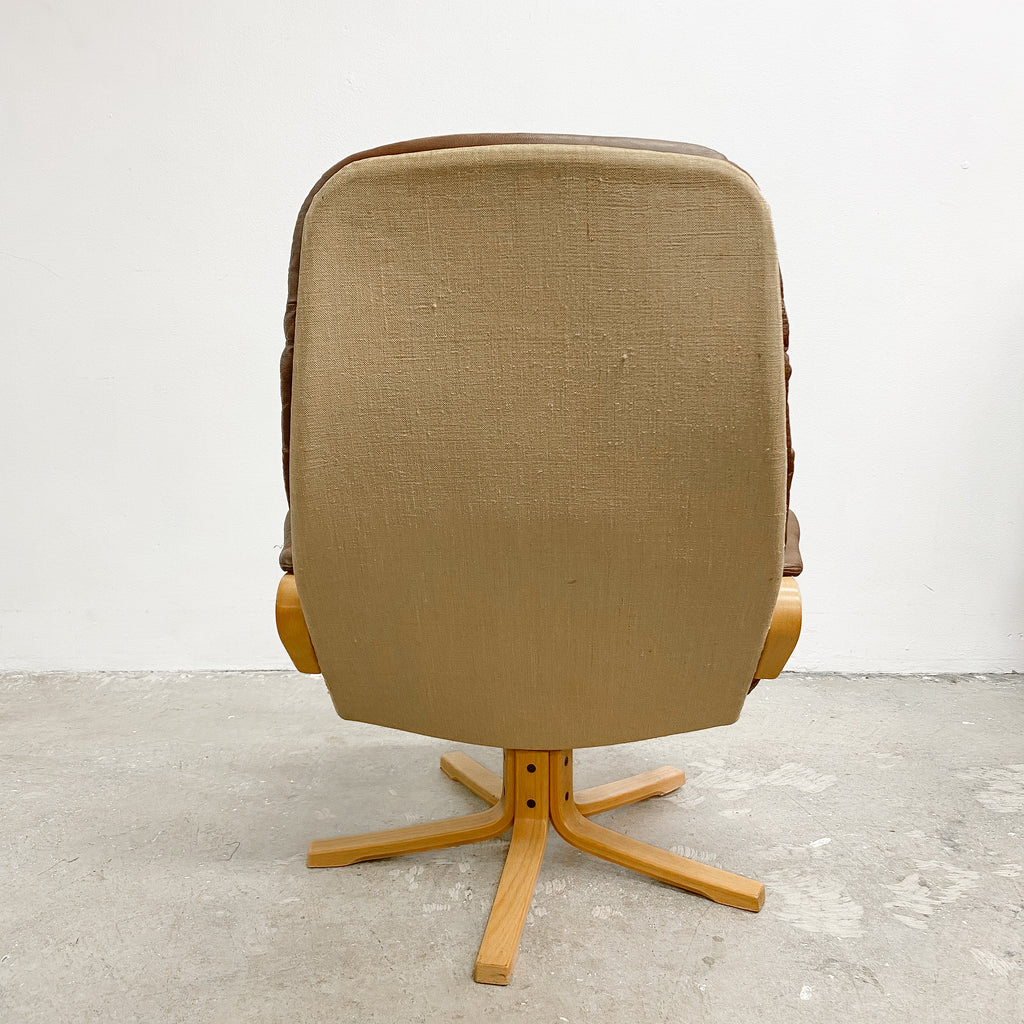 Mid Century Beech Faced Bent Plywood Leather Swivel Armchair