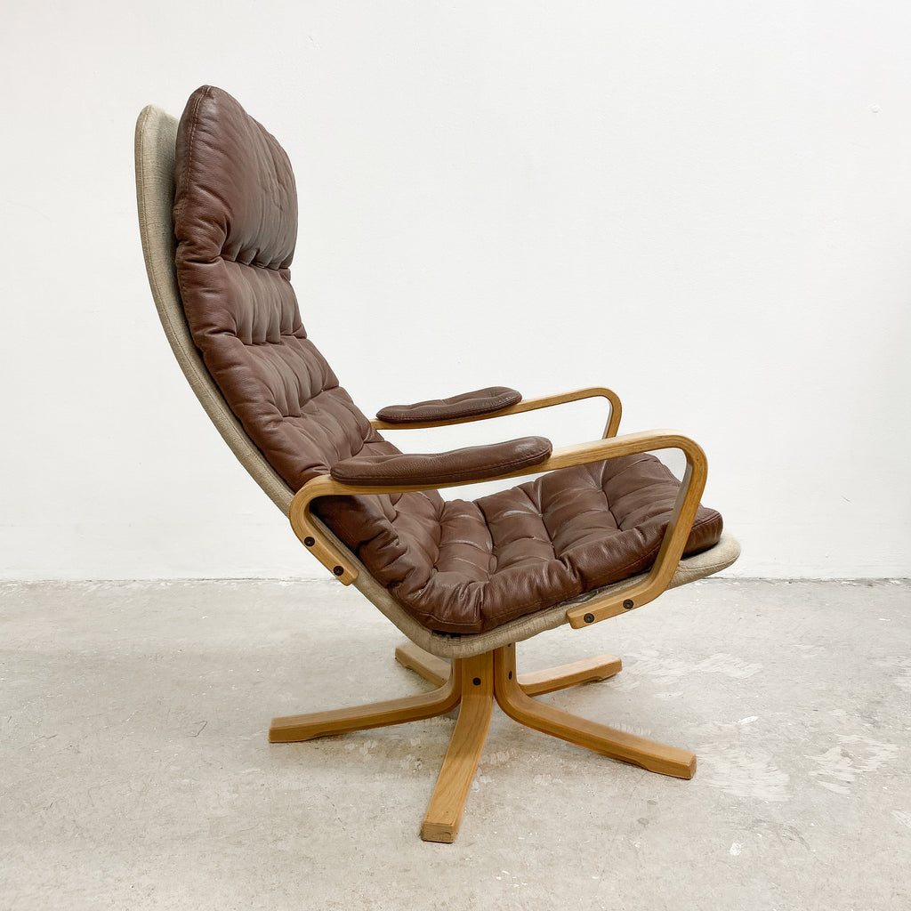 Mid Century Beech Faced Bent Plywood Leather Swivel Armchair
