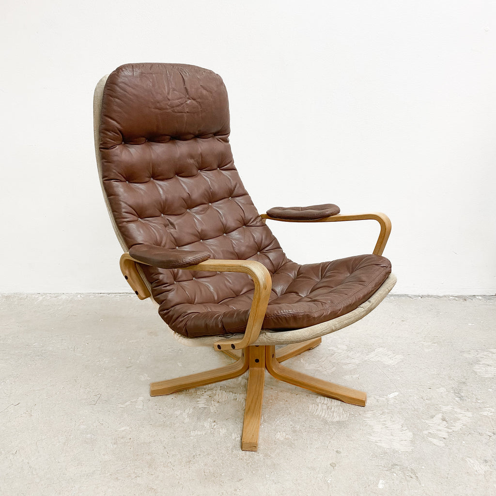 Mid Century Beech Faced Bent Plywood Leather Swivel Armchair