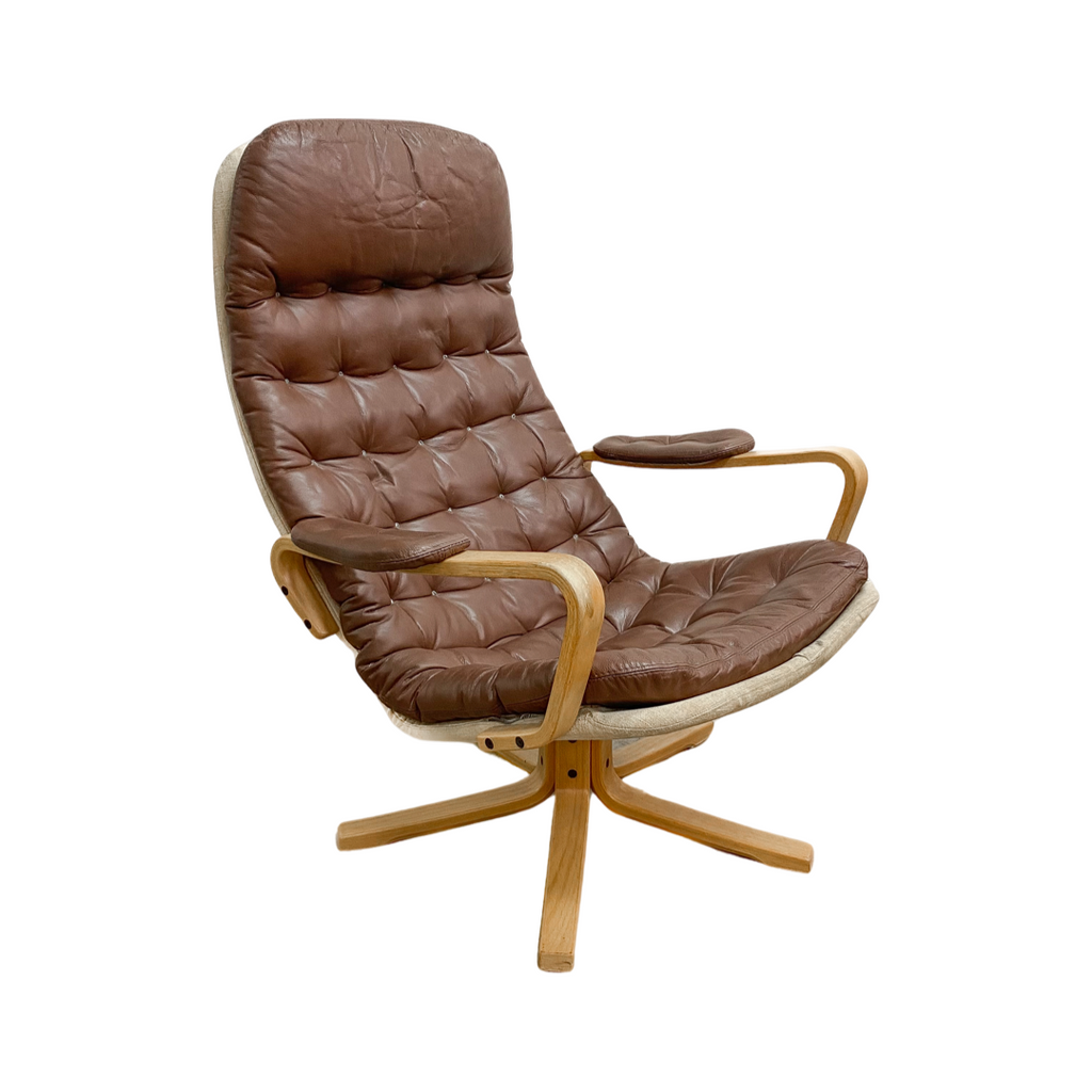 Mid Century Beech Faced Bent Plywood Leather Swivel Armchair