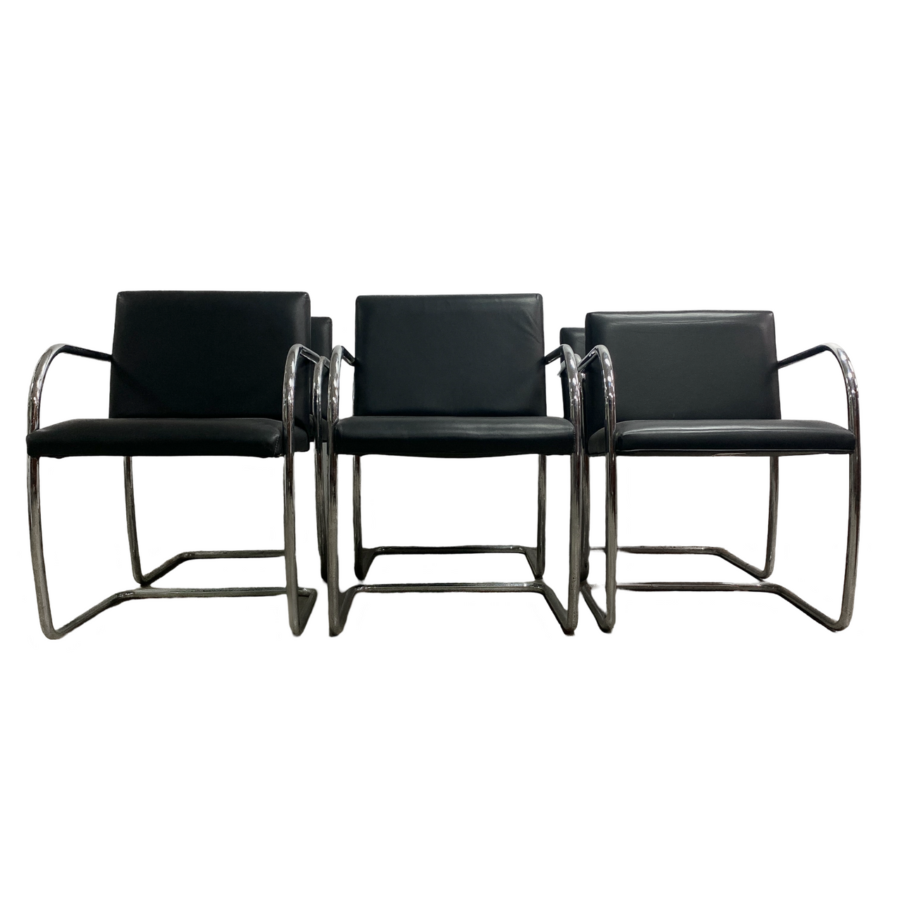 Set Of 6 Mies Van Der Rohe Brno Style Black Leather And Chrome Cantilever Chairs