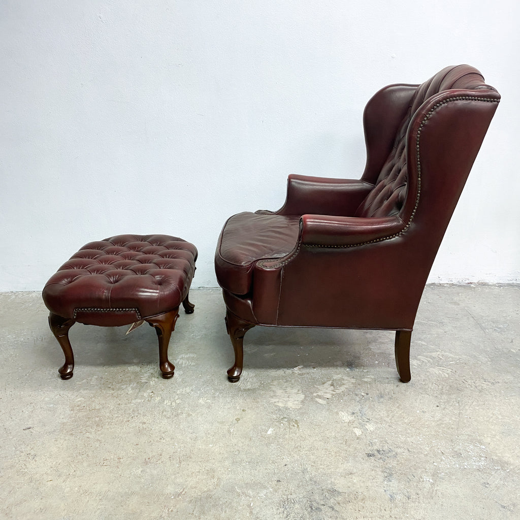 Vintage Moran Chesterfield Leather Wingback Armchair With Footstool