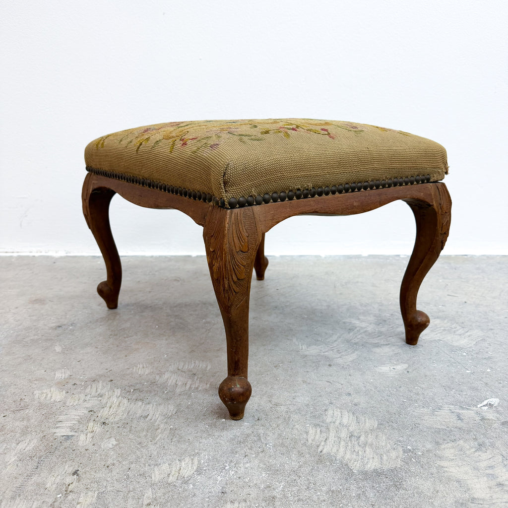 Vintage Needlepoint Upholstered Footstool With Carved Legs