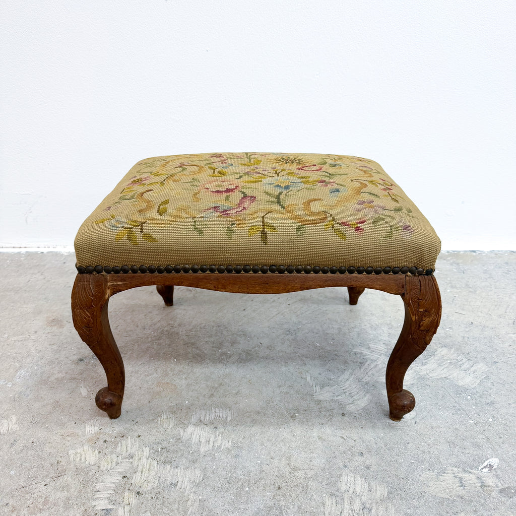 Vintage Needlepoint Upholstered Footstool With Carved Legs