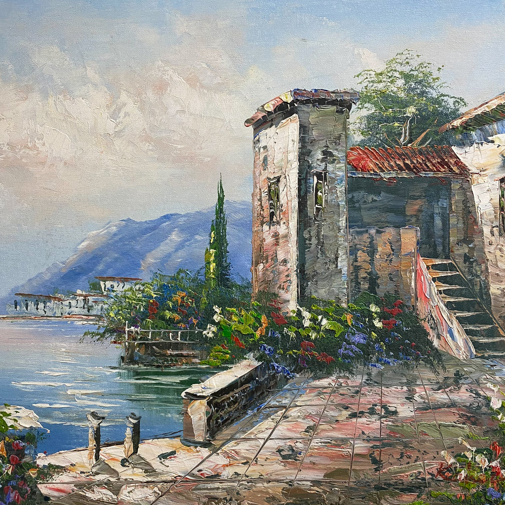 Vintage Oil On Board Of Seaside Villa - Artist Unknown