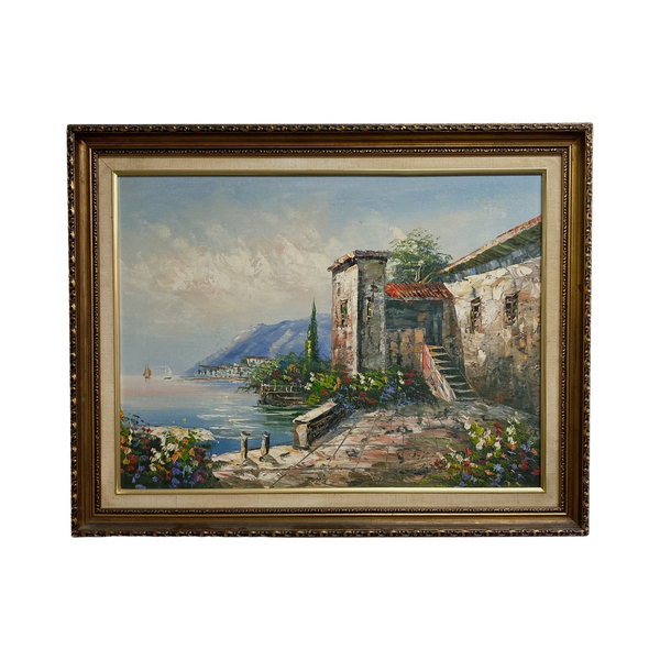 Vintage Oil On Board Of Seaside Villa - Artist Unknown