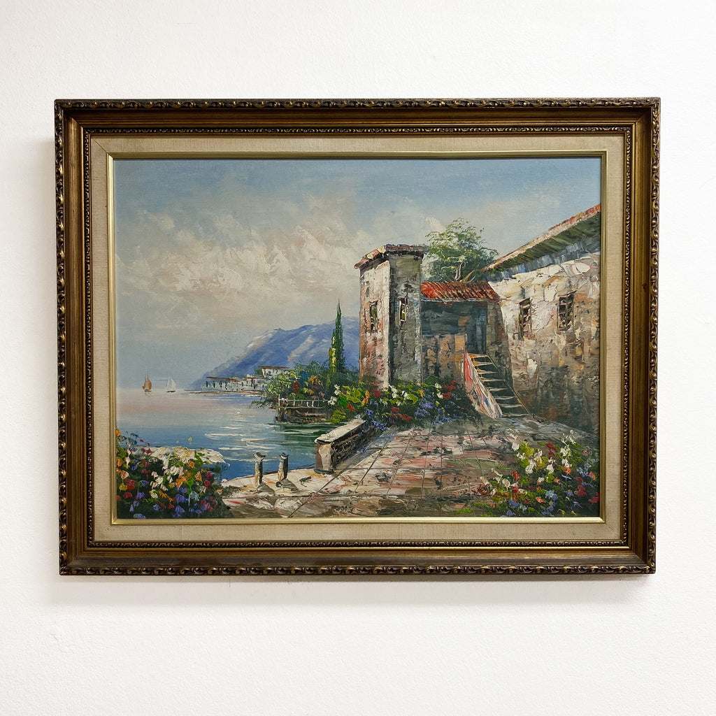 Vintage Oil On Board Of Seaside Villa - Artist Unknown