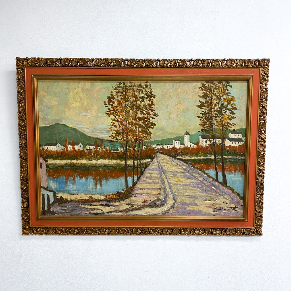 Vintage Oil On Canvas European Country Landscape Painting