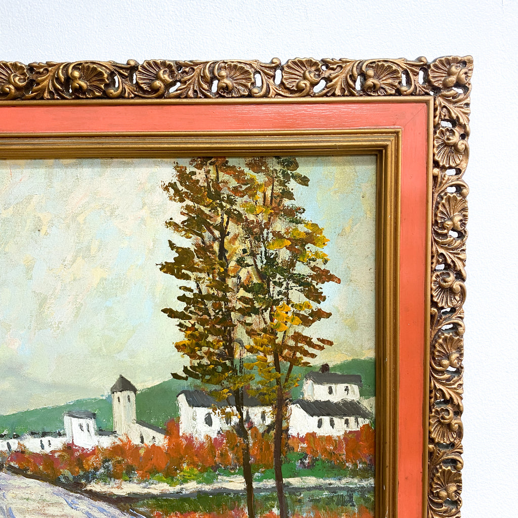 Vintage Oil On Canvas European Country Landscape Painting