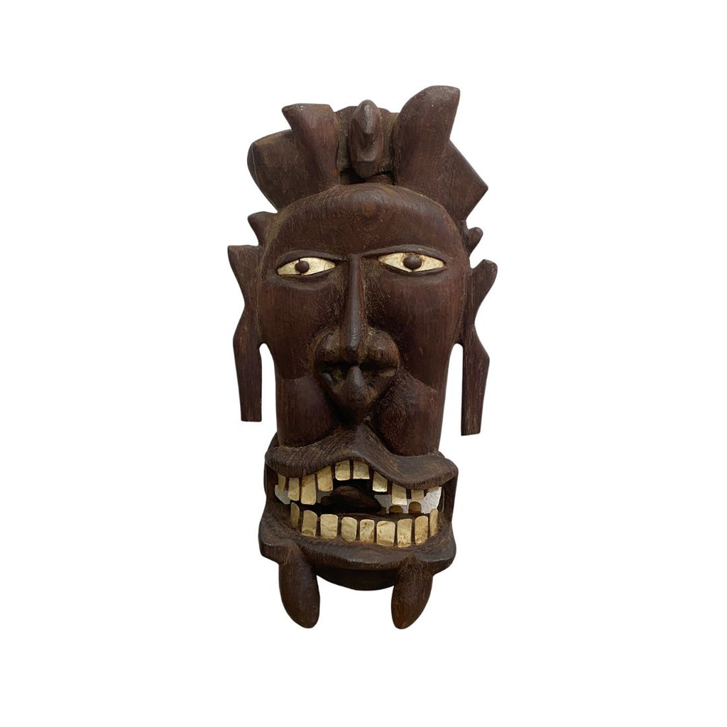 Vintage Pacific Island Tribal Wooden Head Carving Sculpture With Mother Of Pearl