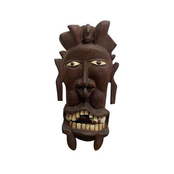 Vintage Pacific Island Tribal Wooden Head Carving Sculpture With Mother Of Pearl