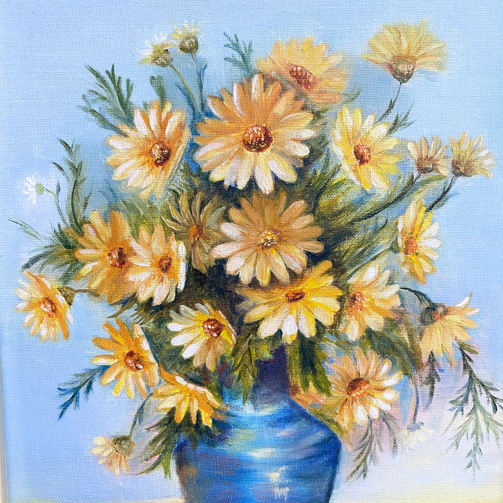 Vintage Painting Daisies In Blue Vase Signed By Artist