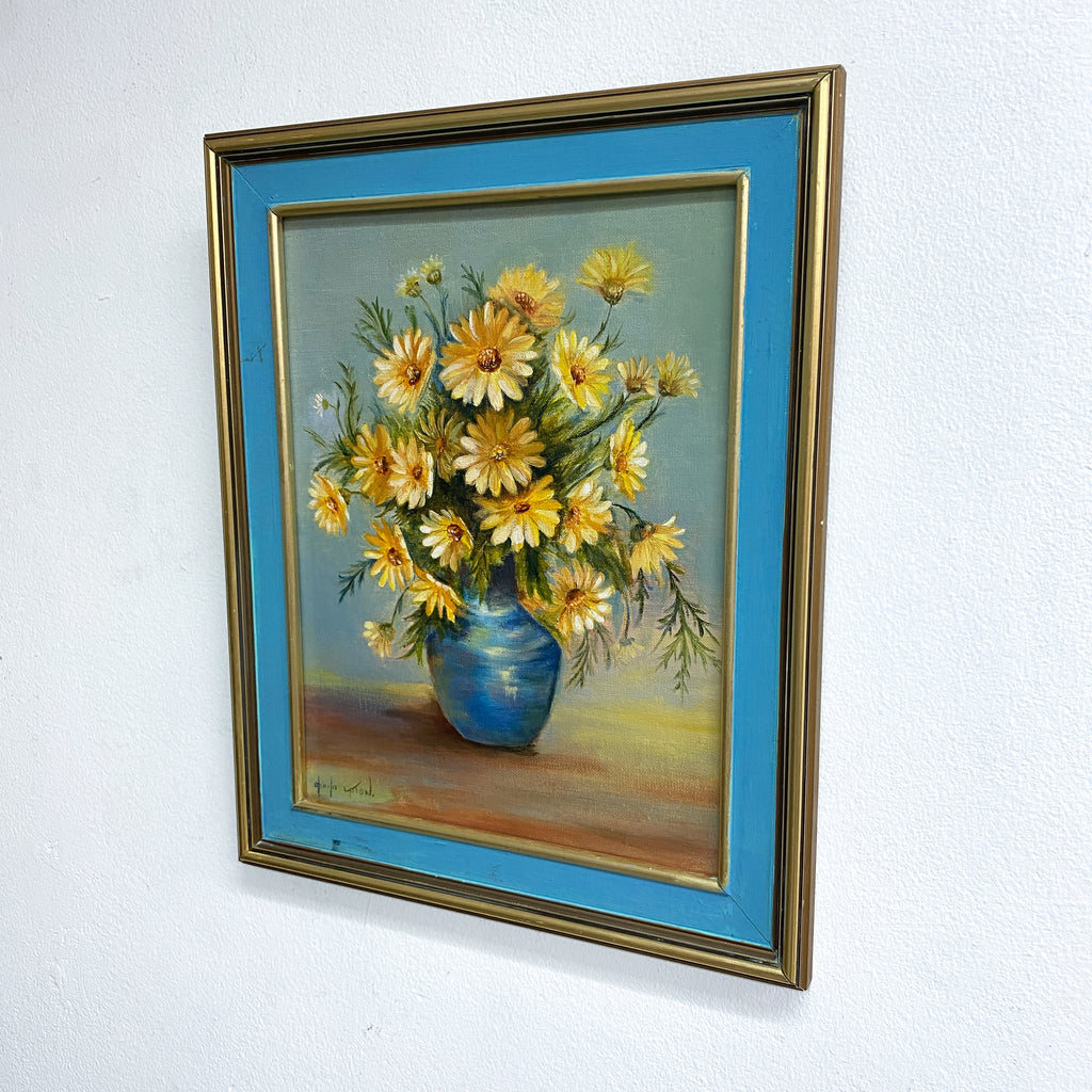 Vintage Painting Daisies In Blue Vase Signed By Artist